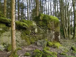 Wooden Bench In A Field With A Large Rock