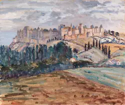 Painting Of A Painting Of A Castle With A Group Of People