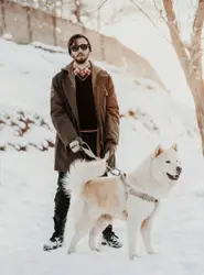 Man And A Dog On A Snowy Street