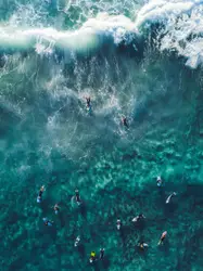 Large Group Of People Are Surfing In The Water