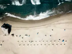 Beach Scene With A Group Of Birds Flying Over The Water