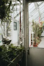 Closed white metal greenhouse garden