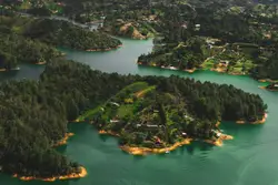 Landscape of lakes and little forest islands in Guatape