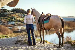 A woman with her horse at sunset
