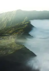 Green and brown mountain near body of water during dayt