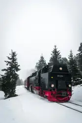 Red and black train on snow covered ground during dayti
