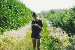 Woman surrounded by trees under sunny sky