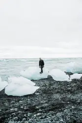 Man at Diamond Beach in Iceland