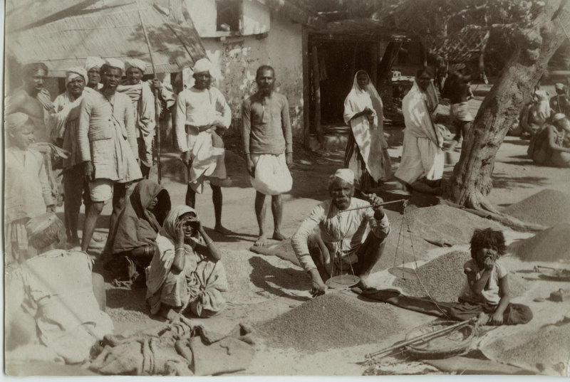 Selling grains in an Indian bazaar in Lucknow in the 1880s
