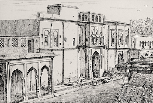 Drawing of facades of Indian houses along the Sadr Bazaar, A